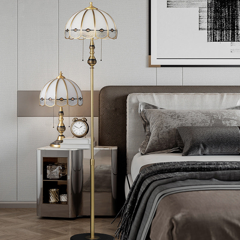 Traditional European Umbrella Full Copper Glass 3-Light Standing Floor Lamp For Living Room