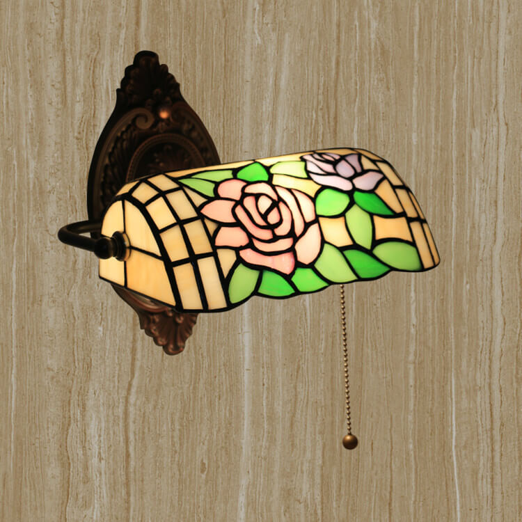 Traditional Vintage Tiffany Floral Stained Glass 1-Light Zipper Wall Sconce Lamp For Living Room