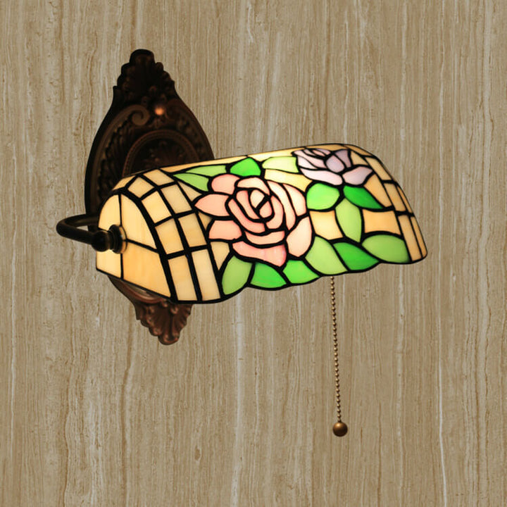 Traditional Vintage Tiffany Floral Stained Glass 1-Light Zipper Wall Sconce Lamp For Living Room