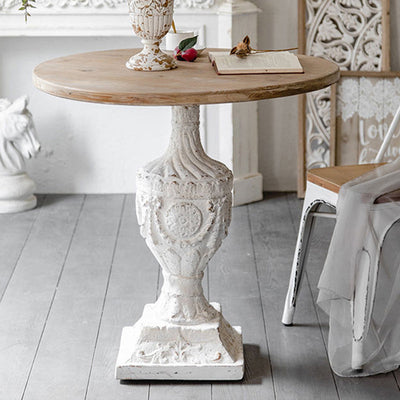 Traditional Vintage Round Column Carved Cedar MDF Magnesium Oxide Coffee Table For Living Room