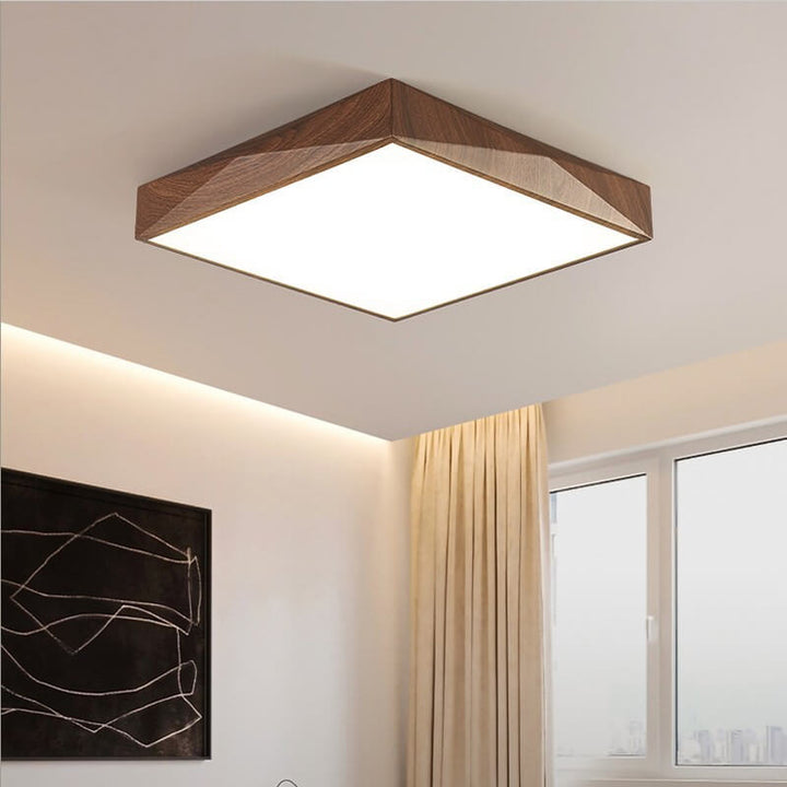 Modern Minimalist Wood Grain Iron Acrylic Square Geometry LED Flush Mount Ceiling Light for Living Room