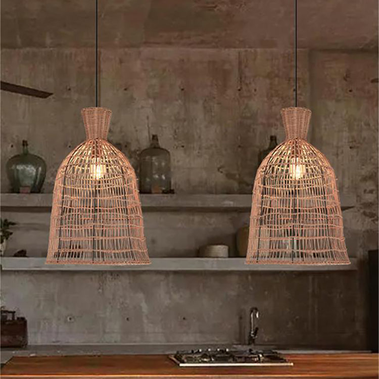 Suspension Luminaire à 1 Lumière avec Abat-Jour en Rotin à Maille Ronde Traditionnelle Japonaise pour Salon 