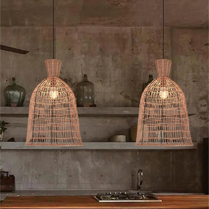 Suspension Luminaire à 1 Lumière avec Abat-Jour en Rotin à Maille Ronde Traditionnelle Japonaise pour Salon 