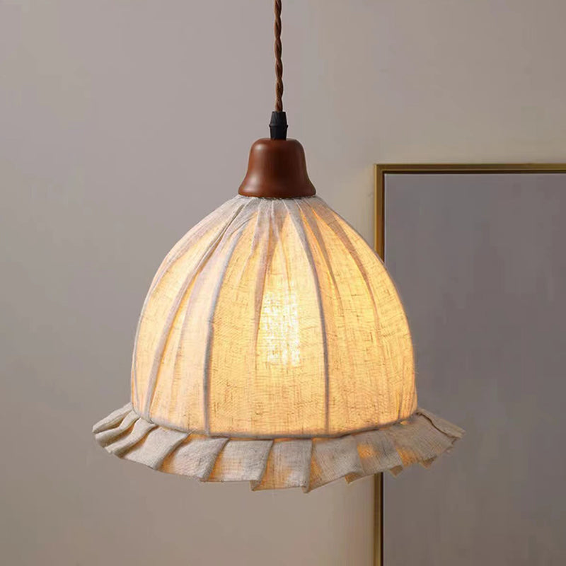 Zeitgenössische Retro Halbkugelförmige Spitze Massivholz Stoff 1-Licht Pendelleuchte Für Schlafzimmer 