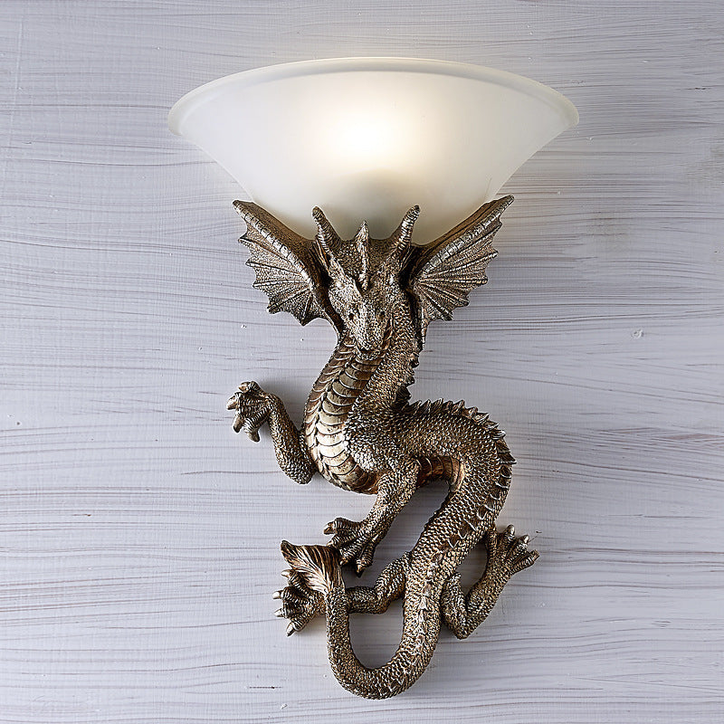 Lámpara Aplique de Pared de Resina de Vidrio de Dragón Semicircular de 1 Luz Tradicional Europea Para Sala de Estar 