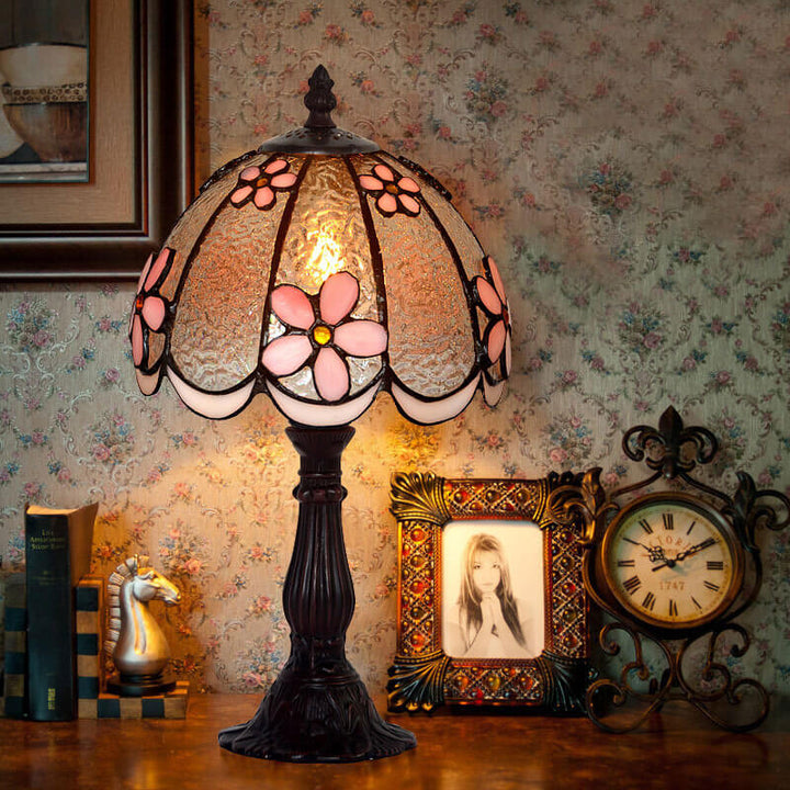 Tiffany Pflaumenblume Buntglas Kuppel Metallbasis 1-Licht Tischlampe 