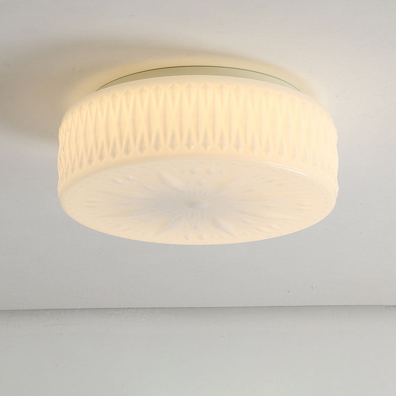 Contemporary Simplicity Cylindrical Engraved Iron Glass LED Flush Mount Ceiling Light For Living Room
