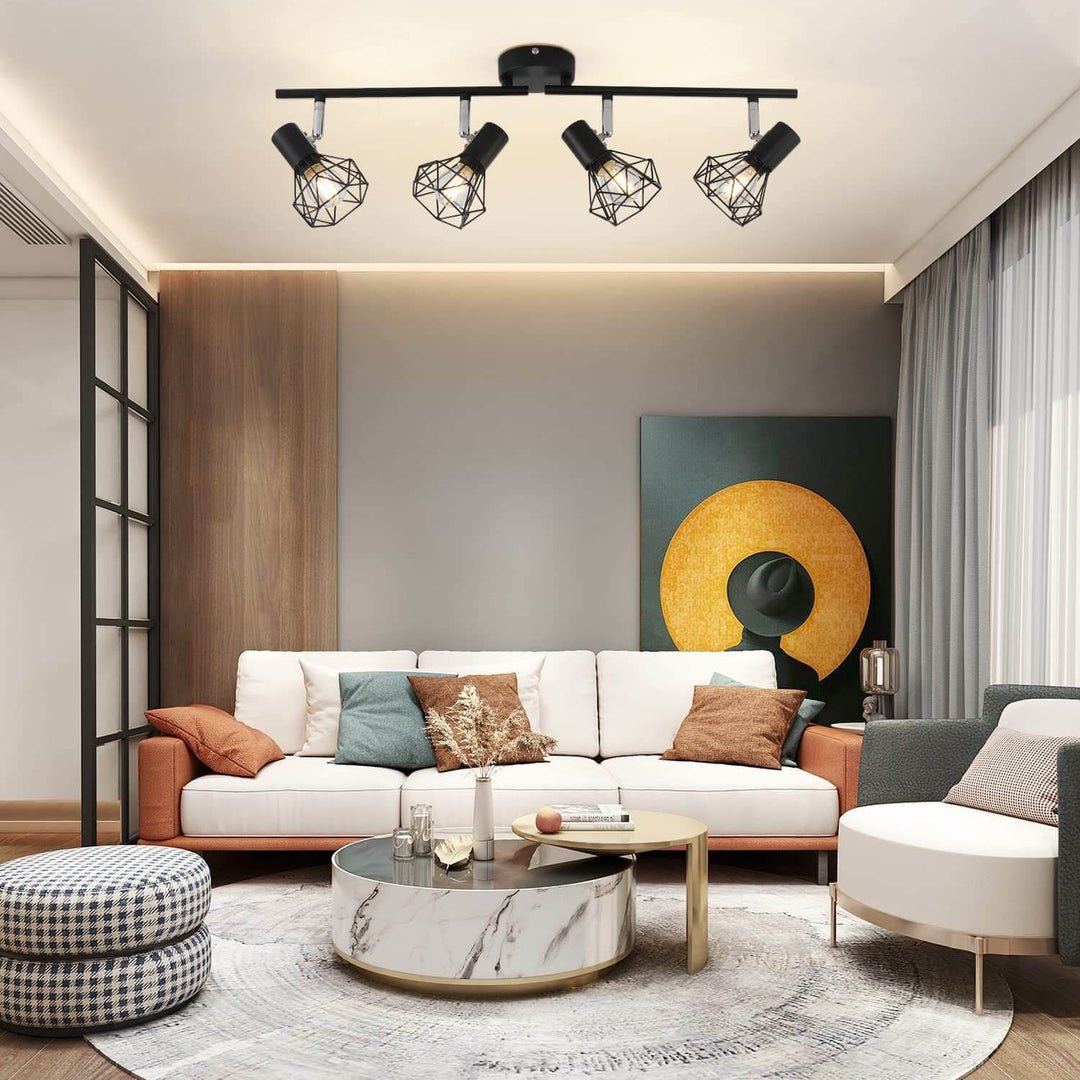 Contemporary Industrial Iron Cage Rotating 4-Light Semi-Flush Mount Ceiling Light For Living Room
