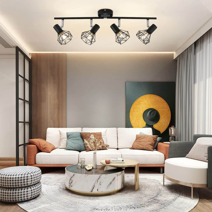 Contemporary Industrial Iron Cage Rotating 4-Light Semi-Flush Mount Ceiling Light For Living Room