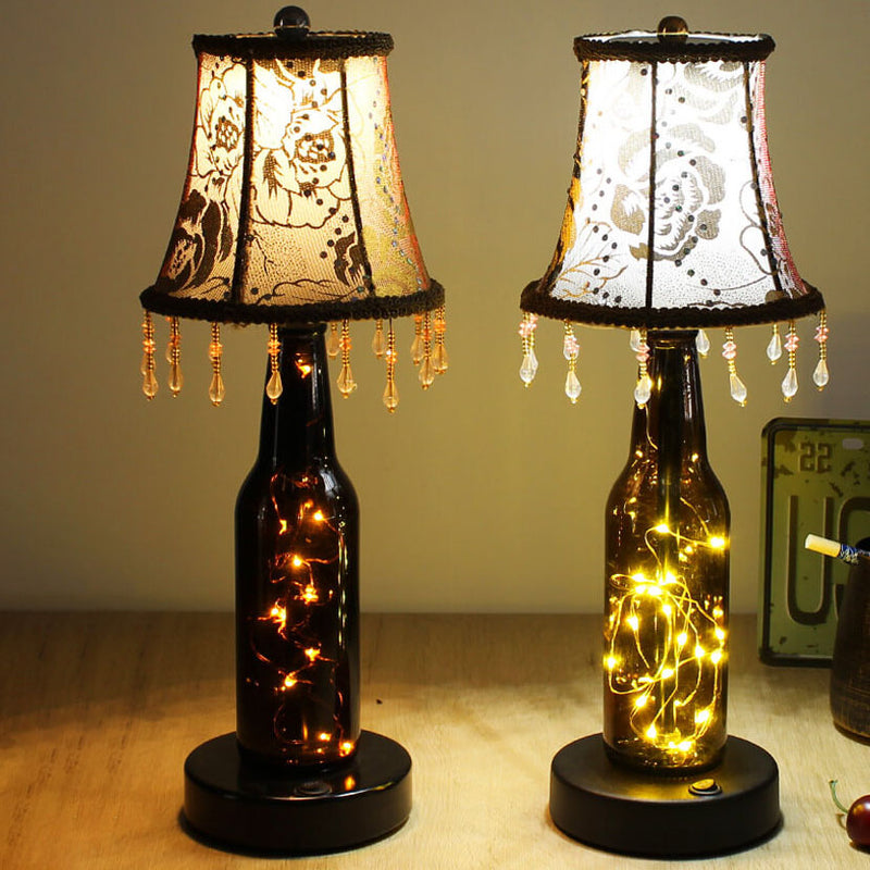 European Creative Fabric Cone Glass Wine Bottle LED Decoration Table Lamp