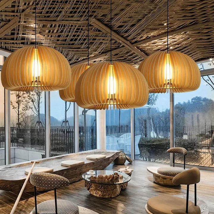 Traditional Japanese Iron Wooden Pumpkin Shape 1-Light Pendant Light For Living Room