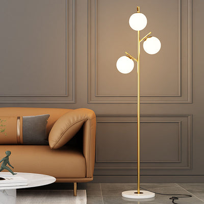 Contemporary Scandinavian Orb Pillar Metal Marble Glass 3-Light Standing Floor Lamp For Living Room