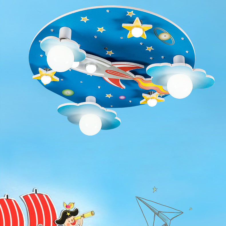 Moderna lámpara de techo LED de estilo Art Deco para niños con cohete redondo de madera y plástico y cielo estrellado para dormitorio 