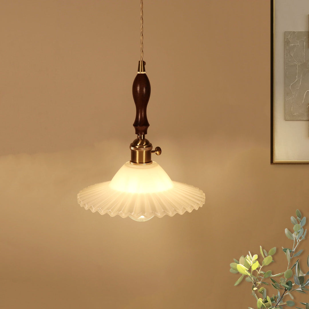 Abat-jour rond en verre plissé traditionnel japonais avec bois, suspension à 1 lumière pour salon 