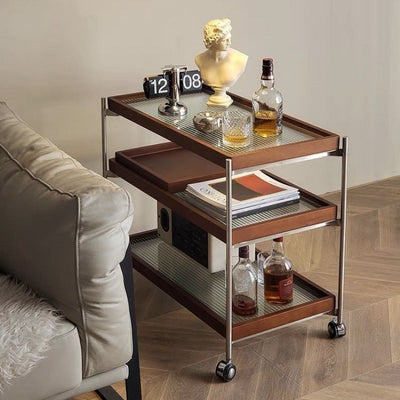 Table d'appoint carrée minimaliste moderne en acier inoxydable, verre et bois avec roulettes triple pour salon 