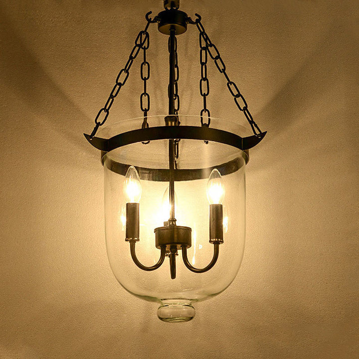 Traditioneller rustikaler runder Glas-Eimer Eisen-Kerzenhalter 3-Licht Kronleuchter für Wohnzimmer 