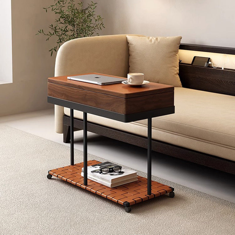 Moderner minimalistischer abnehmbarer rechteckiger Eisensattel Leder Massivholz Beistelltisch mit 1 Ablage für das Wohnzimmer 