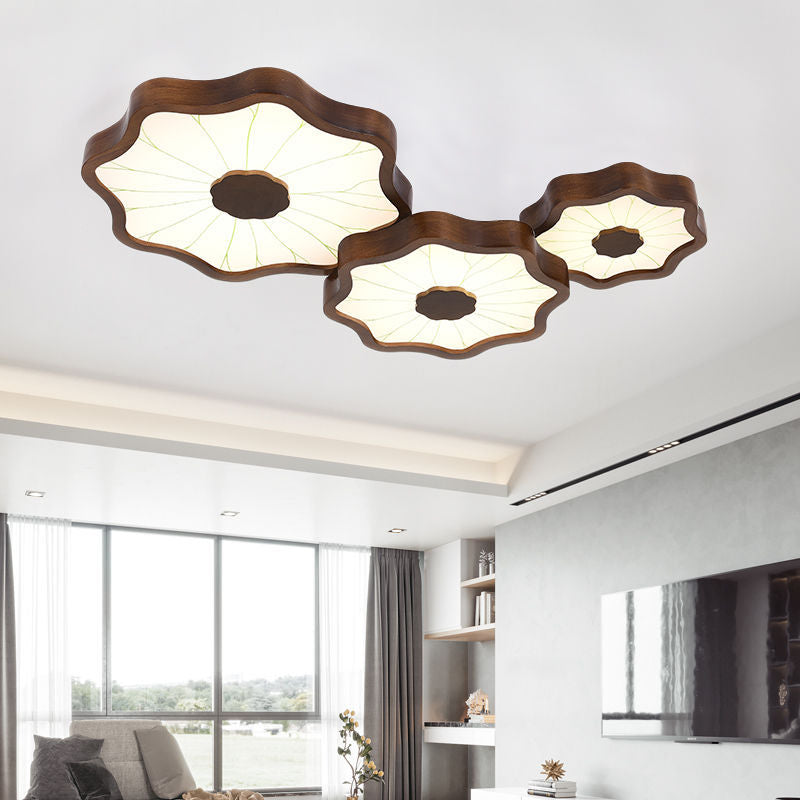 Traditionelle chinesische Lotusblatt-Deckenleuchte aus Holz, Eisen, Acryl, LED-Unterputz-Deckenleuchte für Wohnzimmer 
