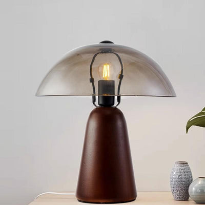 Modern Eclectic Clear Glass Dome Shade Solid Wood Base 1-Light Table Lamp For Bedroom