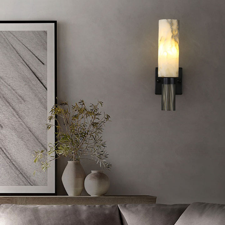 Traditional Chinese Cylinder Marble Copper Iron 1-Light Wall Sconce Lamp For Bedroom