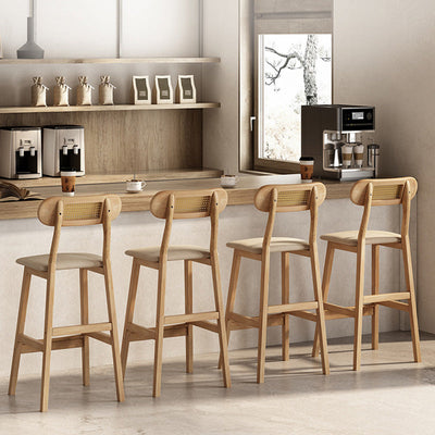 Tabouret de comptoir moderne minimaliste en cuir PU avec rotin rembourré en bois de caoutchouc, dossier ouvert, repose-pieds pour cuisine 