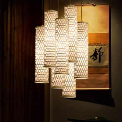 Modern Chinese Bamboo Weaving PVC Cylinder 1/3 Light Island Light Chandelier