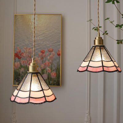 Nostalgic Pastoral Brass Pink Lace Water-Grain Glass 1-Light Pendant Light