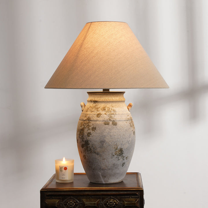 Lampe de table à 1 lumière avec pot conique en céramique vintage traditionnelle en tissu et métal pour chevet 