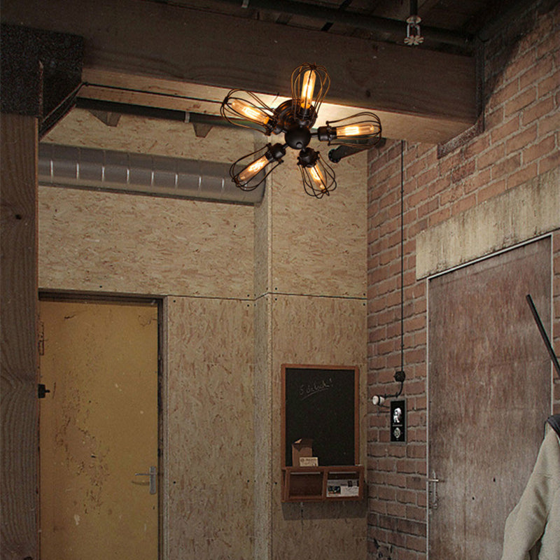 Lustre semi-encastré contemporain à 5 lumières avec abat-jour rond et cadre en fer industriel pour salon 