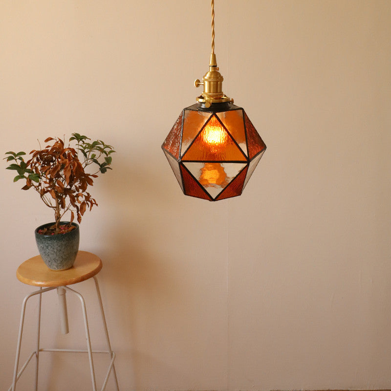 Lustre suspendu en laiton et verre polygonal vintage traditionnel à 1 lumière pour salon 