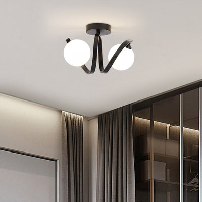 Zeitgenössische nordische Zweigkugel-Deckenleuchte aus Glas und Eisen mit 2 Lichtern, halbbündige Montage für Schlafzimmer 