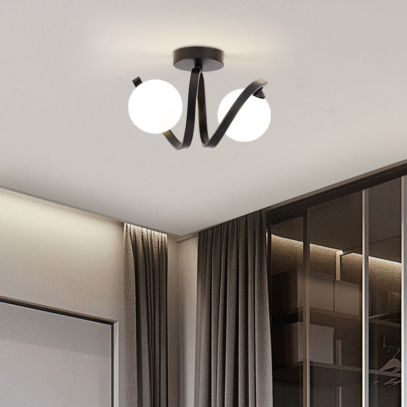 Zeitgenössische nordische Zweigkugel-Deckenleuchte aus Glas und Eisen mit 2 Lichtern, halbbündige Montage für Schlafzimmer 