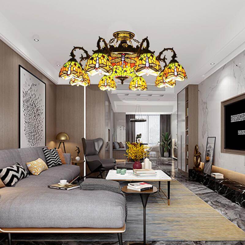 Tiffany Retro Beige Barock Buntglas 11-Licht Semi-Flush Mount Deckenleuchte 