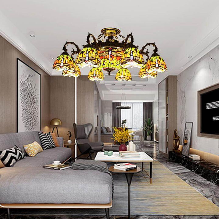 Tiffany Retro Beige Barock Buntglas 11-Licht Semi-Flush Mount Deckenleuchte 