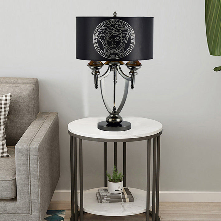 Lampe de table à 3 lumières en tissu rétro contemporain avec cylindre en marbre et fer pour étude 