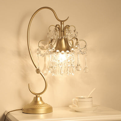 Traditionelle europäische Metall-Hardware Kristall Teardrop Anhänger Trompete 1-Licht Tischlampe für Schlafzimmer 