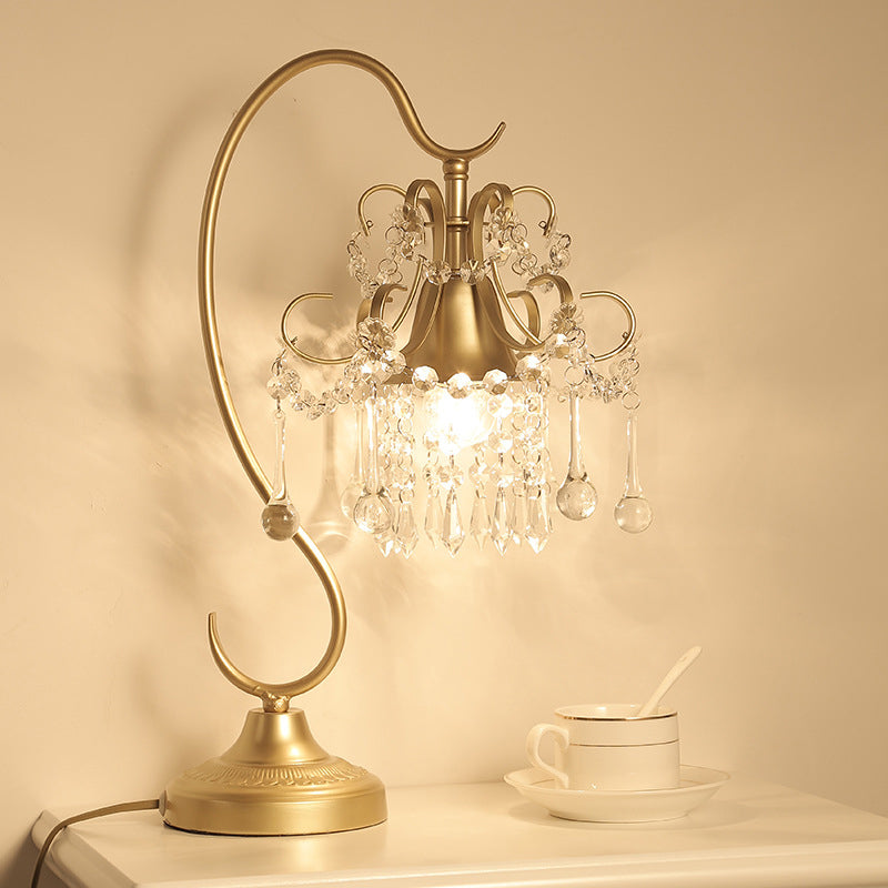 Traditionelle europäische Metall-Hardware Kristall Teardrop Anhänger Trompete 1-Licht Tischlampe für Schlafzimmer 