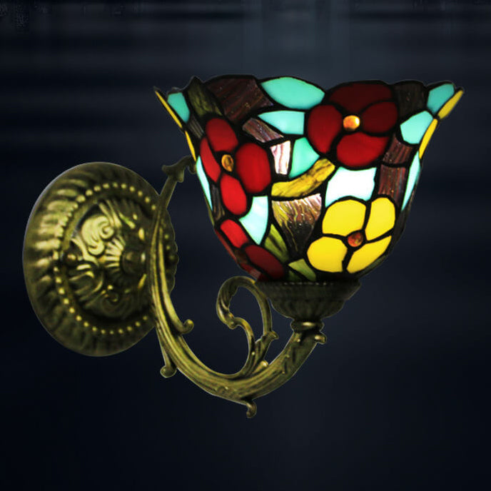 Applique murale 1 lumière en verre teinté en alliage de zinc Tiffany Flower Cup 