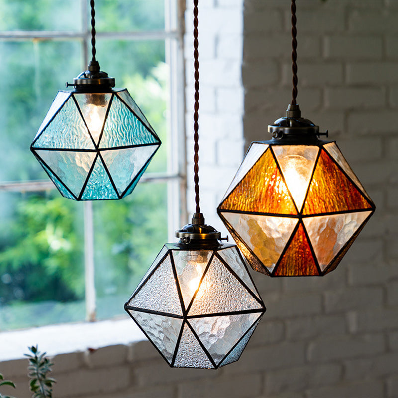 Traditional Tiffany Iron Brass Glass Polygonal Diamond 1-Light Pendant Light For Dining Room