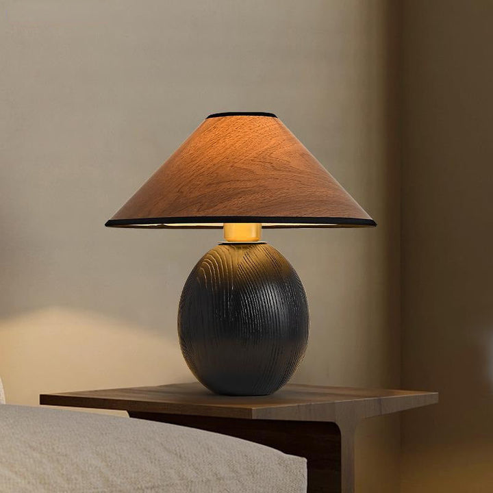 Lampe de table en bois massif trapézoïdal rond japonais traditionnel avec tissu 1 lumière pour chambre 