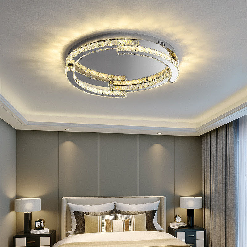 Modern Luxury Round Stainless Steel Crystal LED Flush Mount Ceiling Light For Bedroom