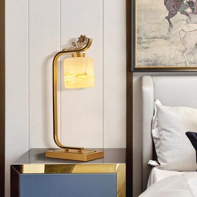 Traditionelle chinesische Laterne Zylinder Kupfer Glas 1-Licht Tischlampe für Schlafzimmer 