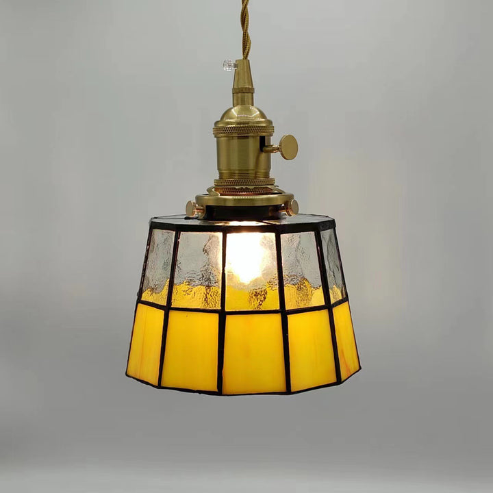 Lustre suspendu traditionnel vintage en laiton, verre, cylindre quadripartite, corne, treillis, à 1 lumière pour salle à manger 