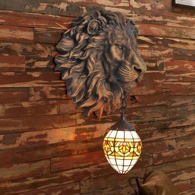 Traditional Tiffany Creative Resin Lion's Head 1-Light Wall Sconce Lamp For Dining Room