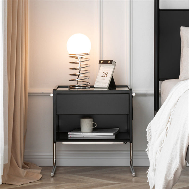 Table de nuit contemporaine scandinave rectangulaire en bois massif inox et verre 1 tiroir pour chambre 