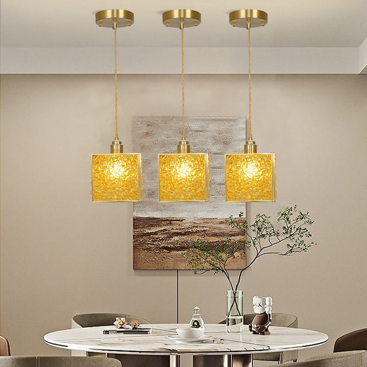 Suspension Luminaire 1-Lumière Moderne de Luxe Carré Cube Cadre en Or Cuivre Abat-jour en Verre Pour Salon 