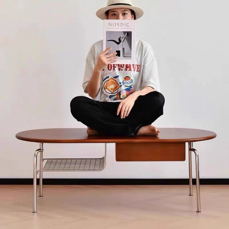 Mesa de café moderna minimalista ovalada con base de madera y vidrio, panel con 1 cajón para sala de estar 