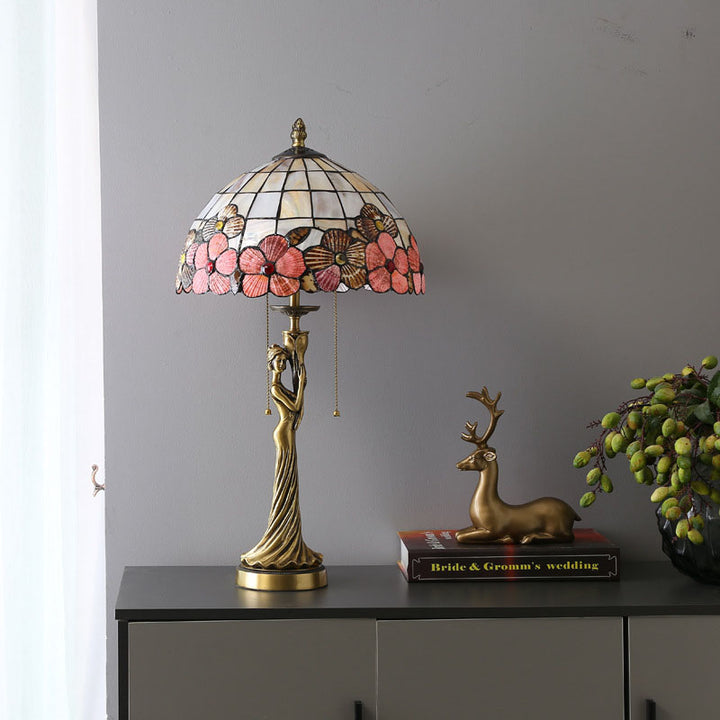 Tiffany Kupfer Göttin Statue Basis Muschel Dekoration 2-Licht Tischlampe 