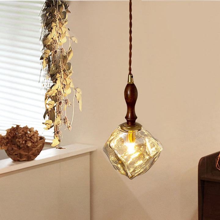 Traditional Vintage Irregular Ice Cube Shape Glass Aluminum Wood 1-Light Pendant Light For Living Room