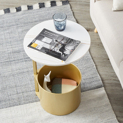 Table d'appoint moderne minimaliste ronde en fer avec plateau en pierre - 1 rangement pour salon 